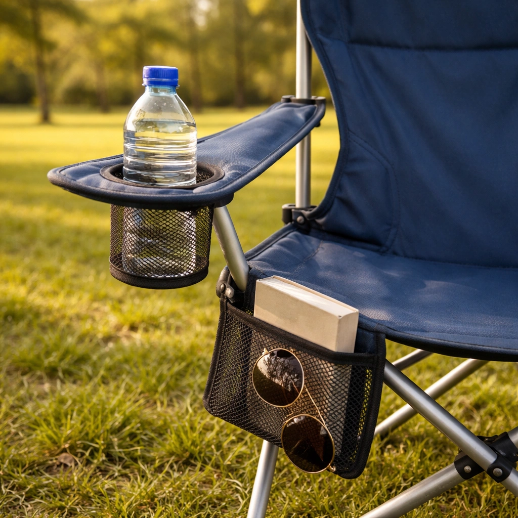 Close-up of chair armrest with cup holder water bottle and mesh pocket holding book and sunglasses