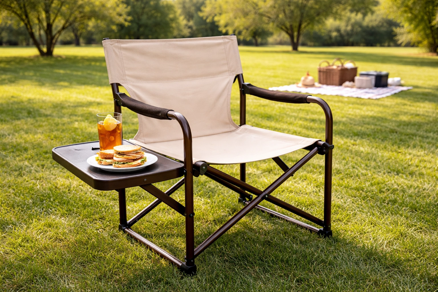 Director camping chair with side table holding sandwiches and iced tea at scenic park picnic