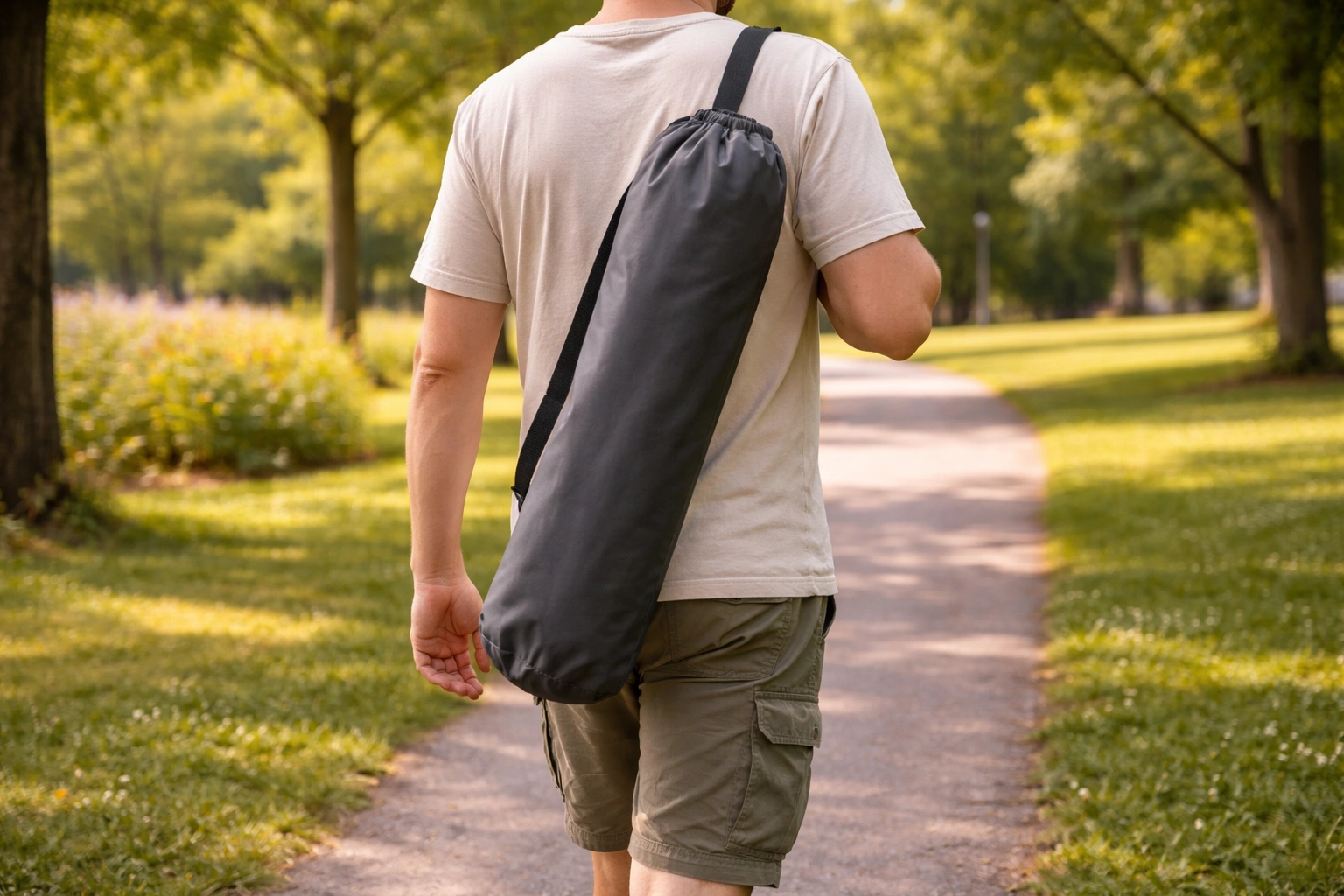 Person carrying compact folded chair in carry bag walking through sunny park path