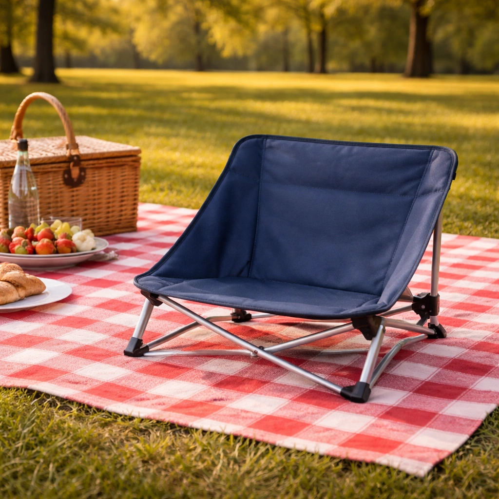 Compact low-back camping chair on checkered picnic blanket with basket nearby at park