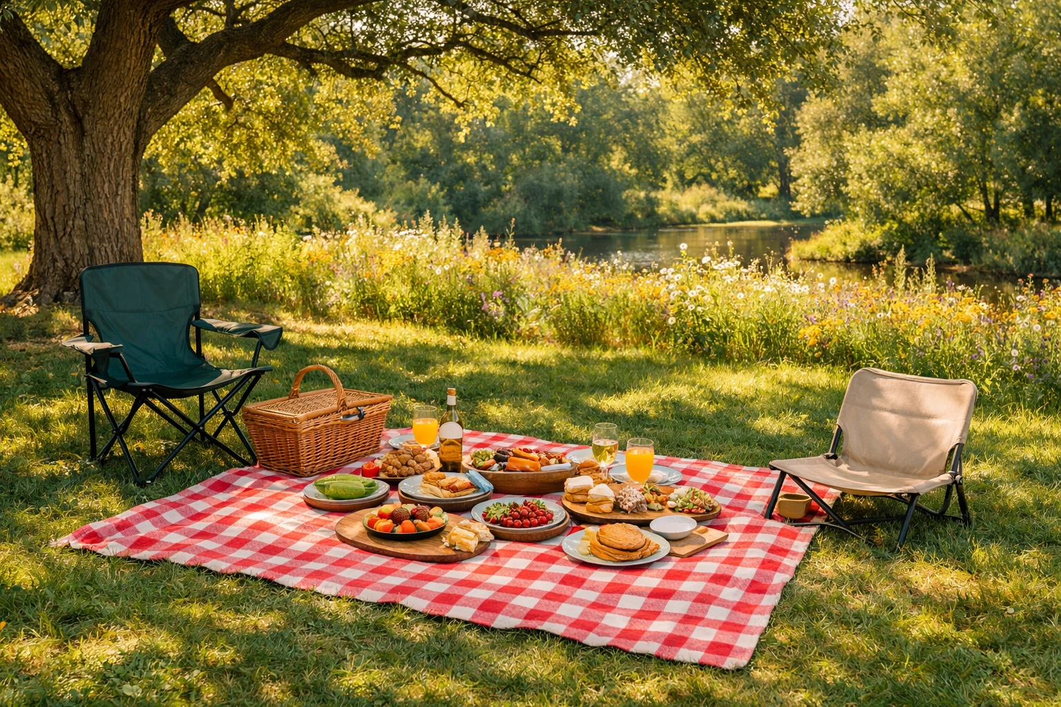 Idyllic park picnic scene with checkered blanket food basket two camping chairs under oak tree