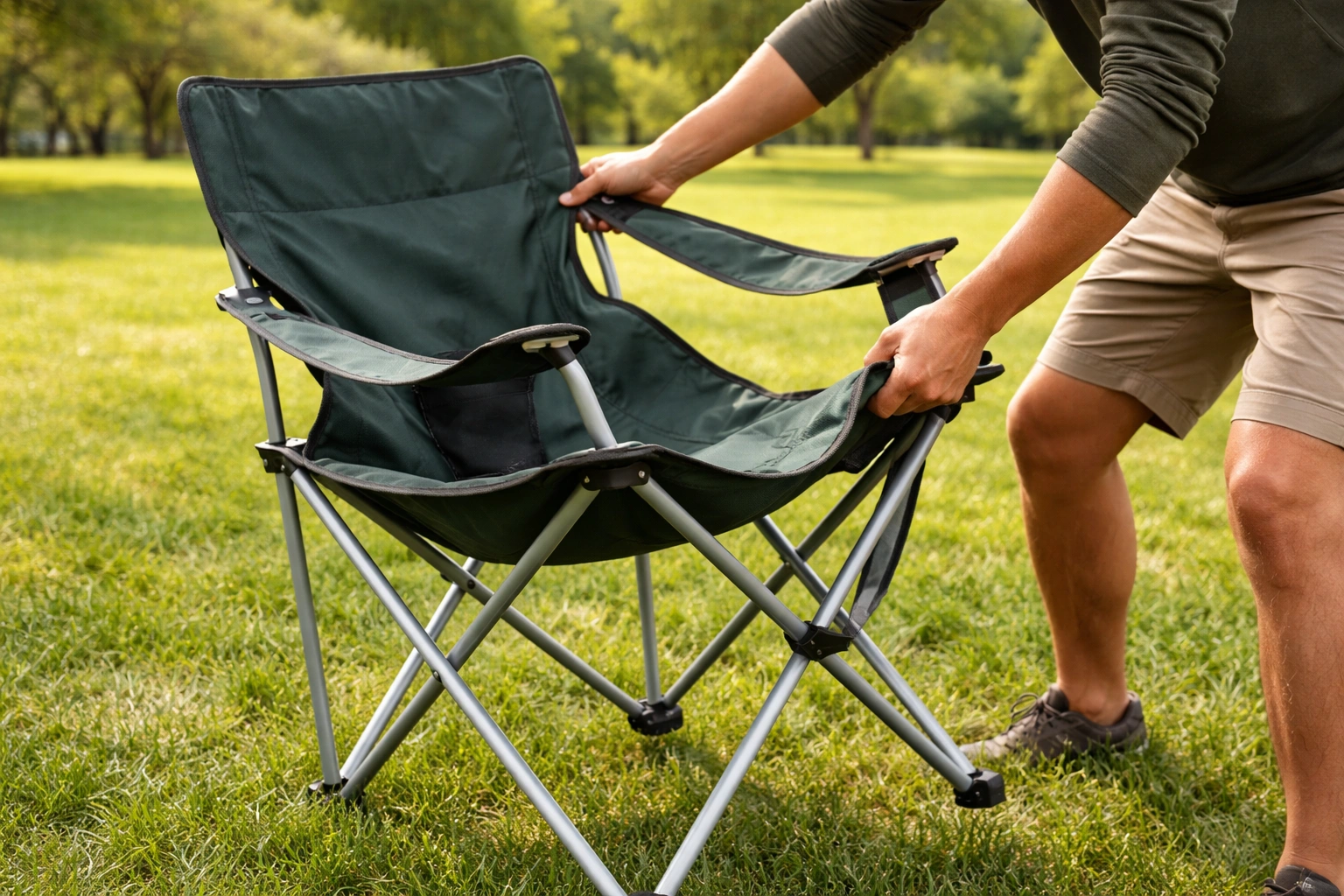 Hands unfolding and popping open a quad camping chair on grass showing scissor mechanism