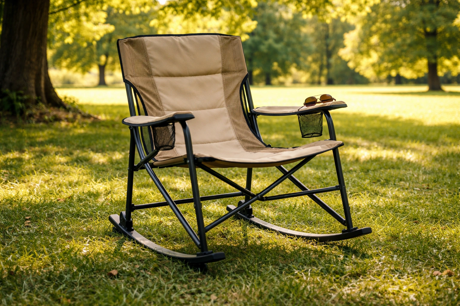 Rocking camping chair with curved base on grass under shade trees with sunglasses on armrest