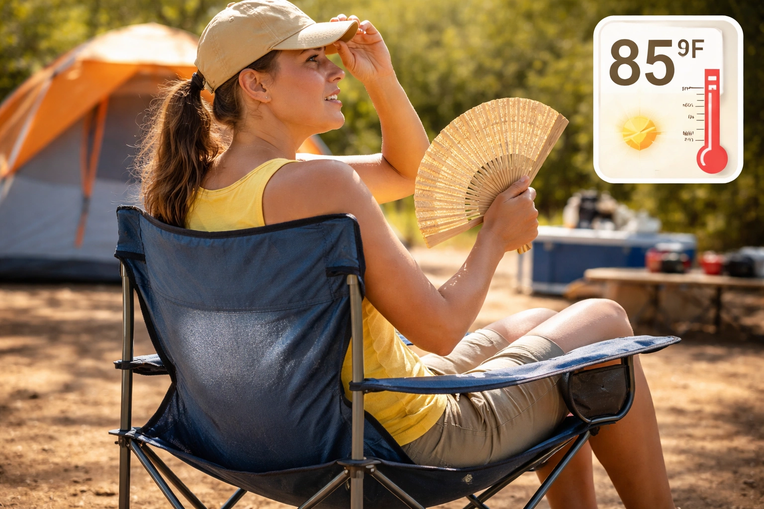 Person sitting in polyester camping chair on hot day showing moisture buildup