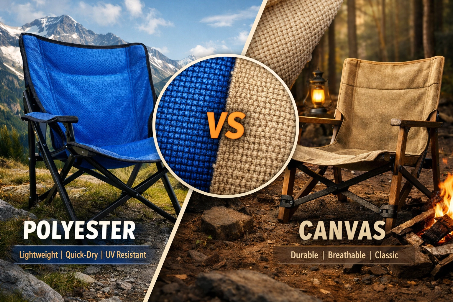 Side by side comparison of polyester and canvas camping chair fabrics showing texture and weave differences