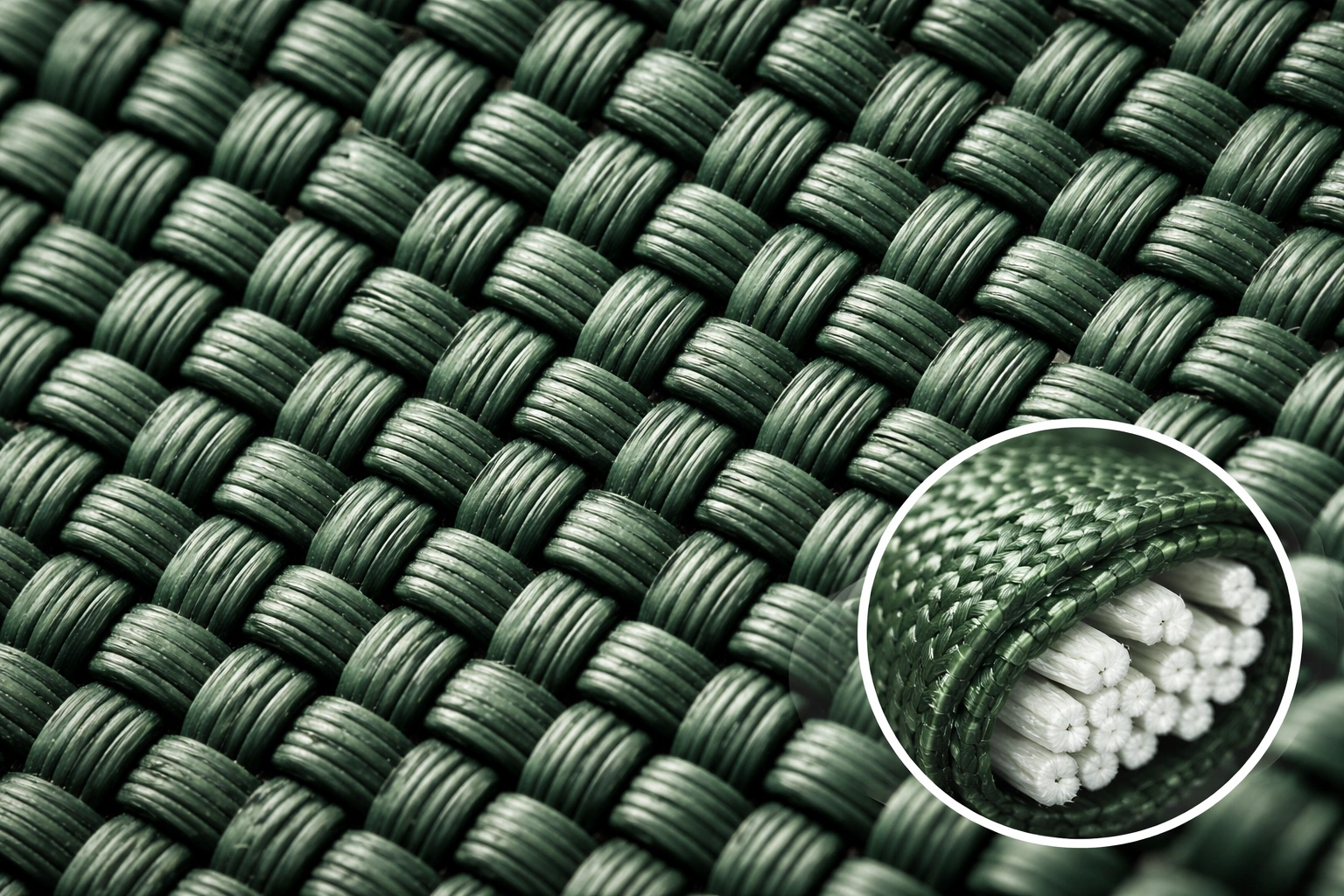 Macro close-up of polyester fabric weave showing synthetic fiber structure