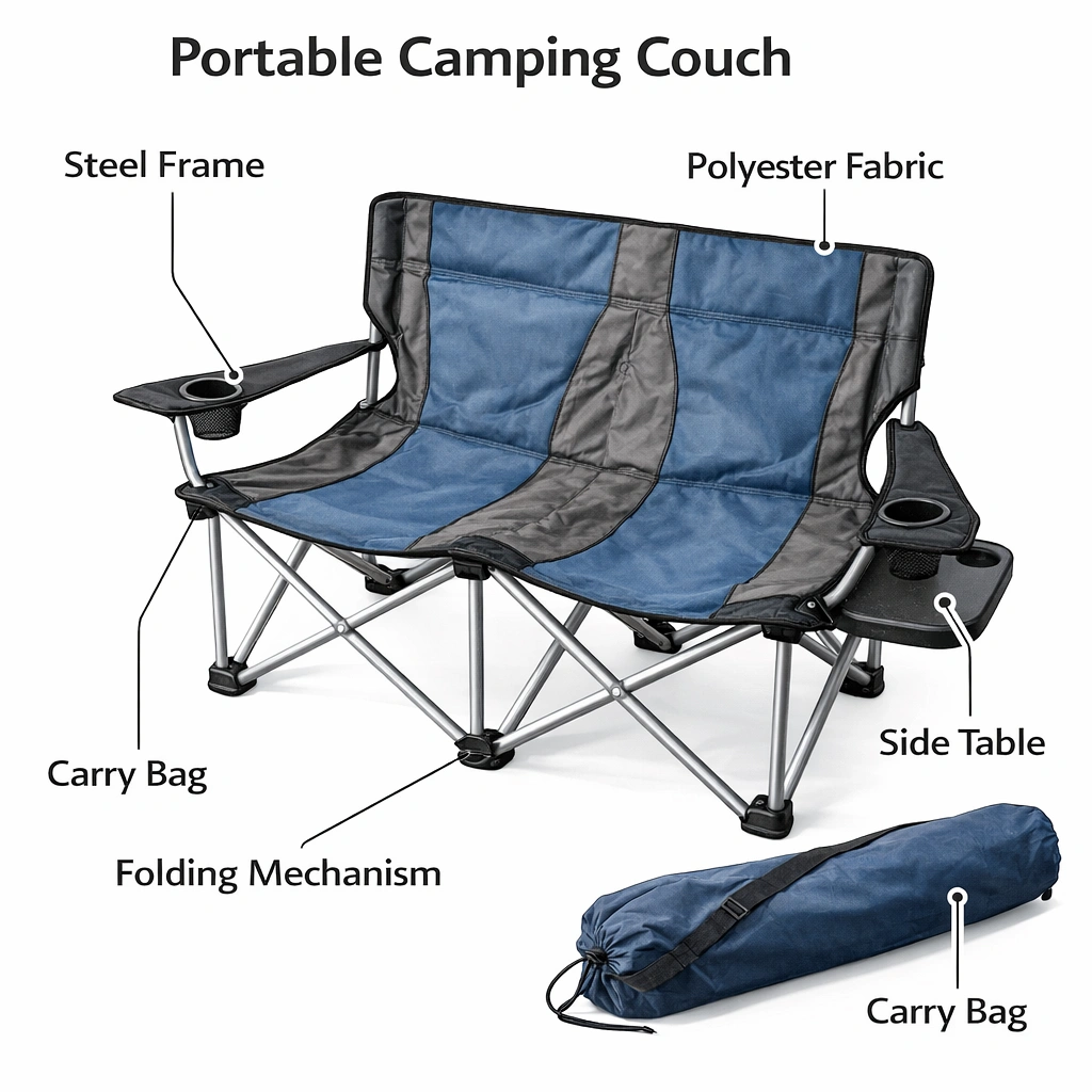 Anatomy of a portable camping couch showing components