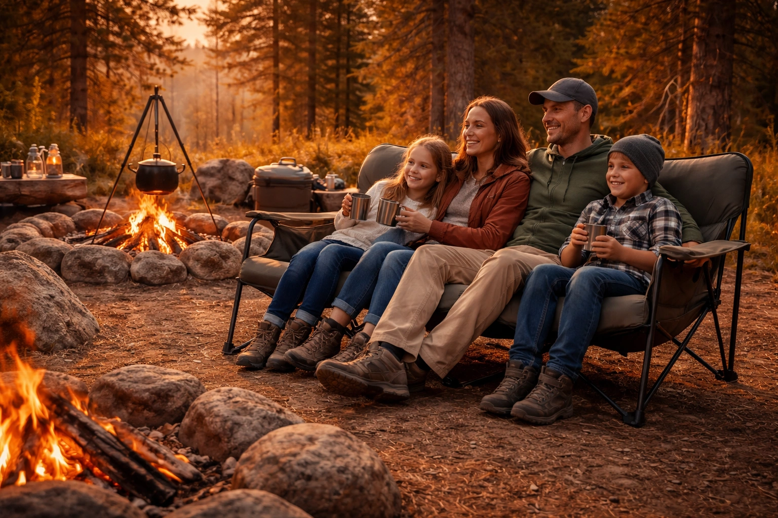 Family relaxing on portable camping couch in forest