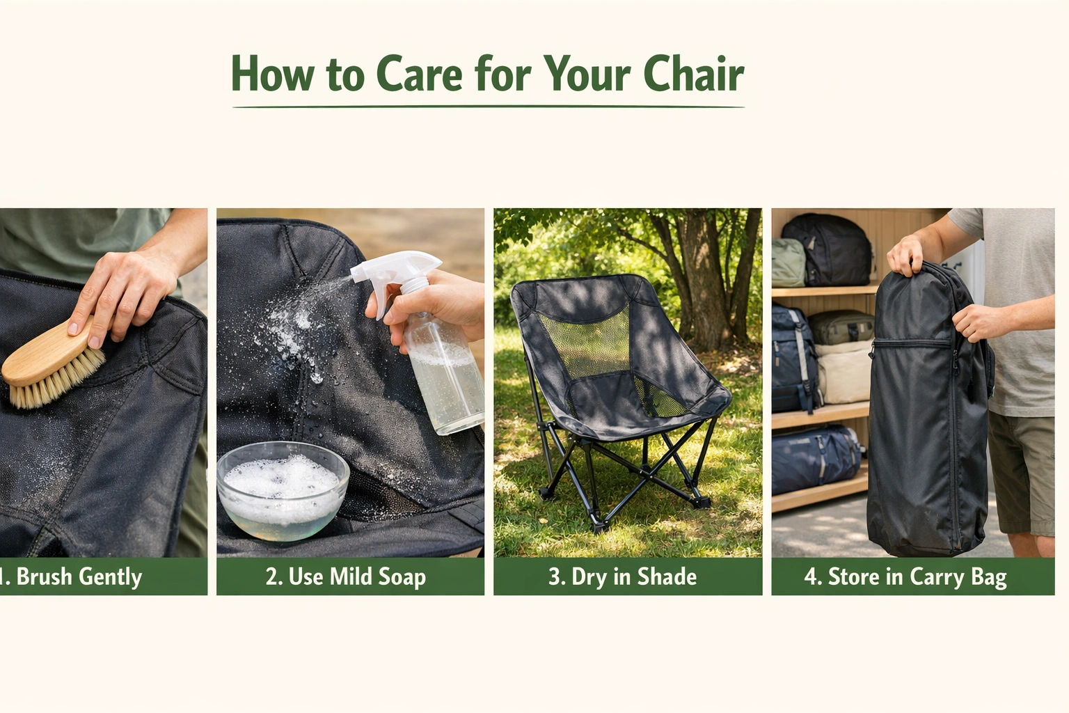 Proper care and maintenance of premium camping chair showing cleaning and storage