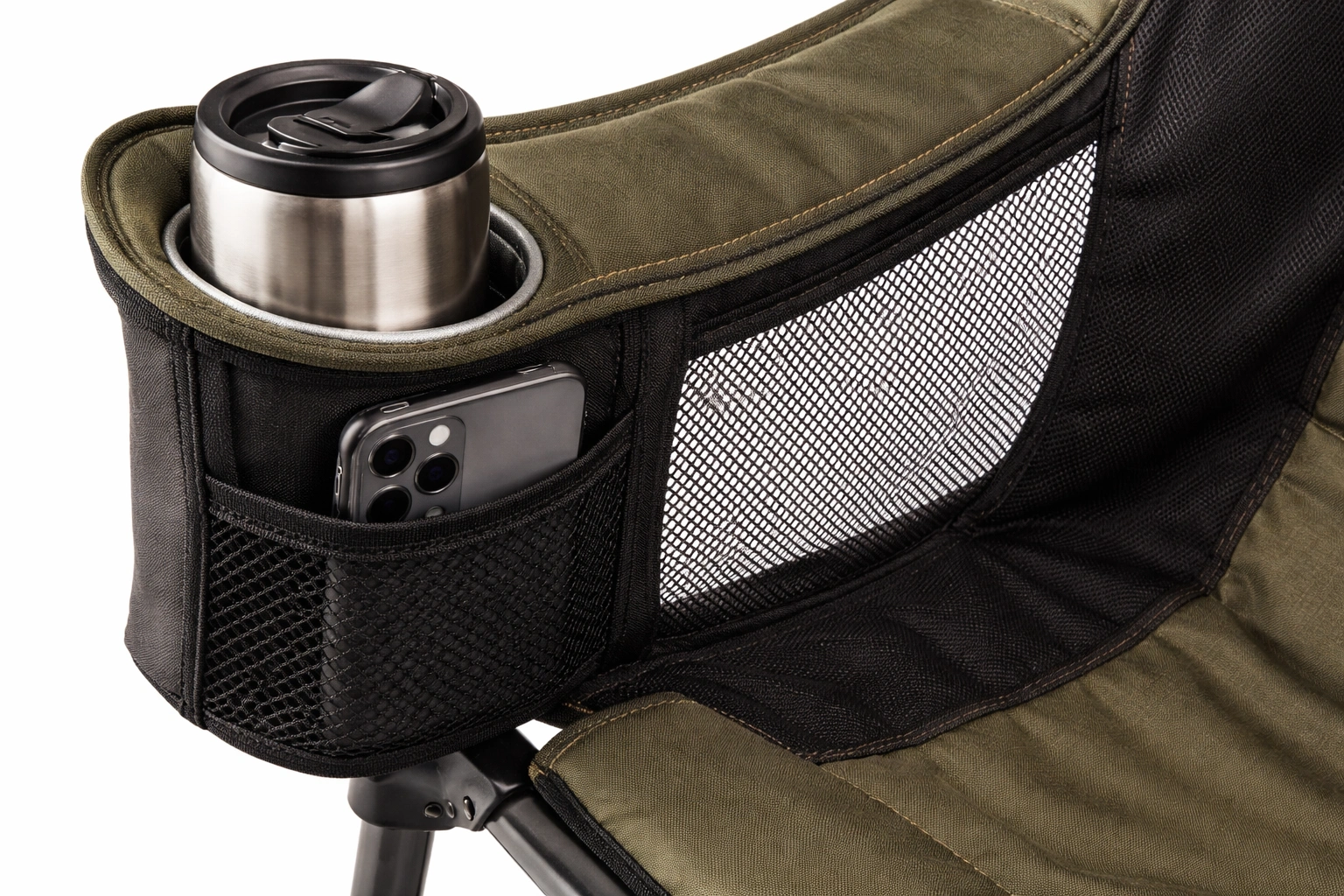 Detailed close-up of premium camping chair showing integrated cup holder, mesh pocket, and premium stitching