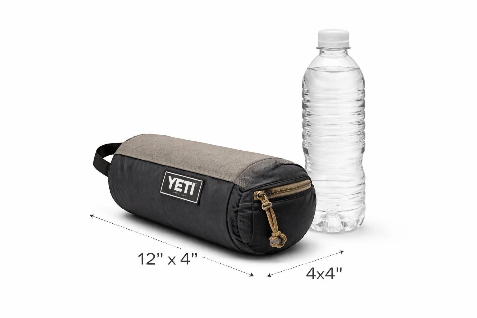 Premium camping chair packed into compact stuff sack next to water bottle showing portability