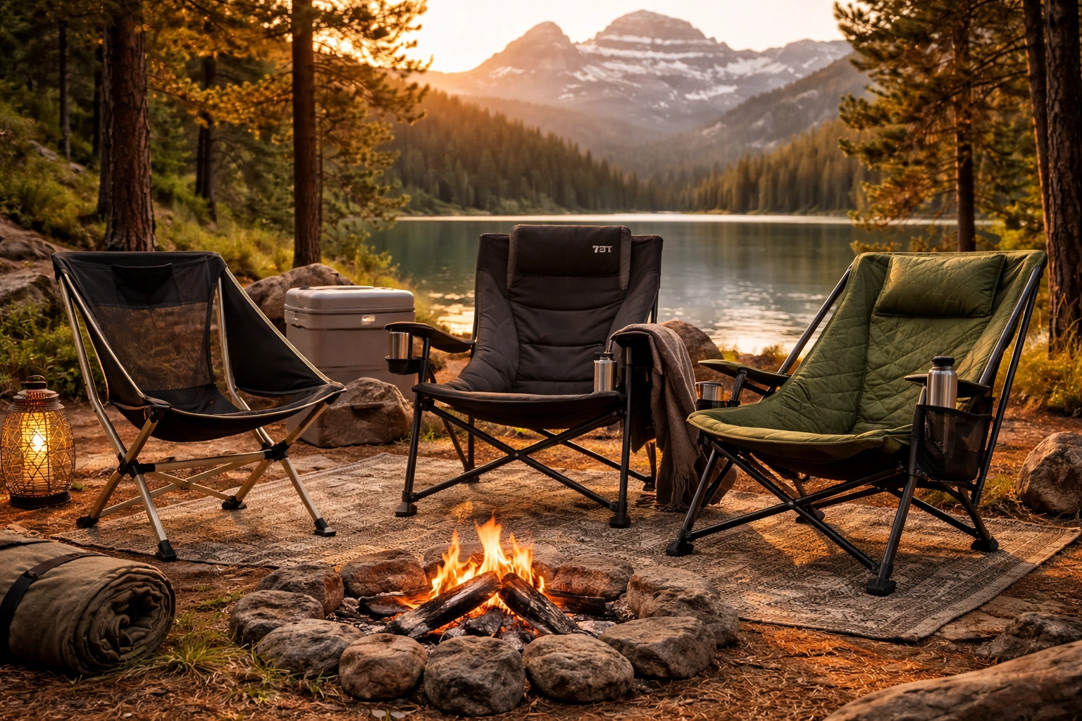 Premium camping chairs collection featuring Helinox, Yeti, and Nemo models in luxury outdoor setting