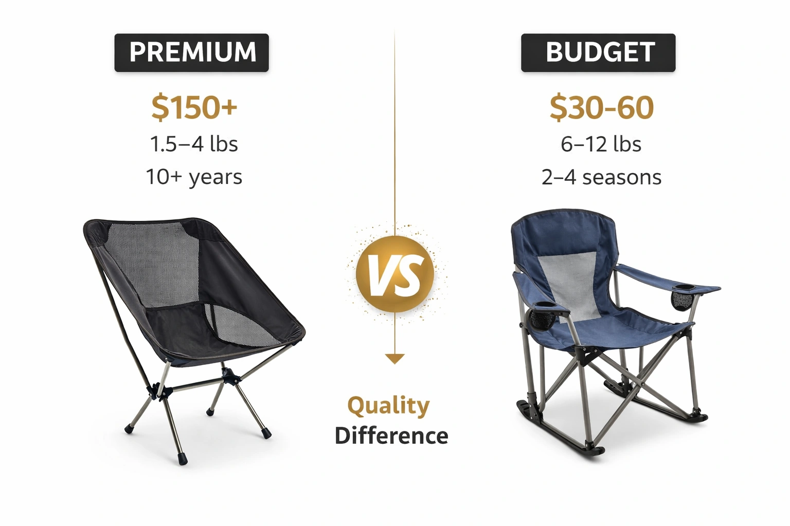 Side by side comparison of premium and budget camping chairs showing quality differences