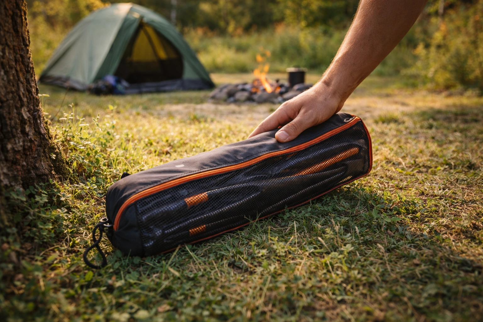 Camping chair properly folded and stored in carry bag placed in shaded area under trees at campsite