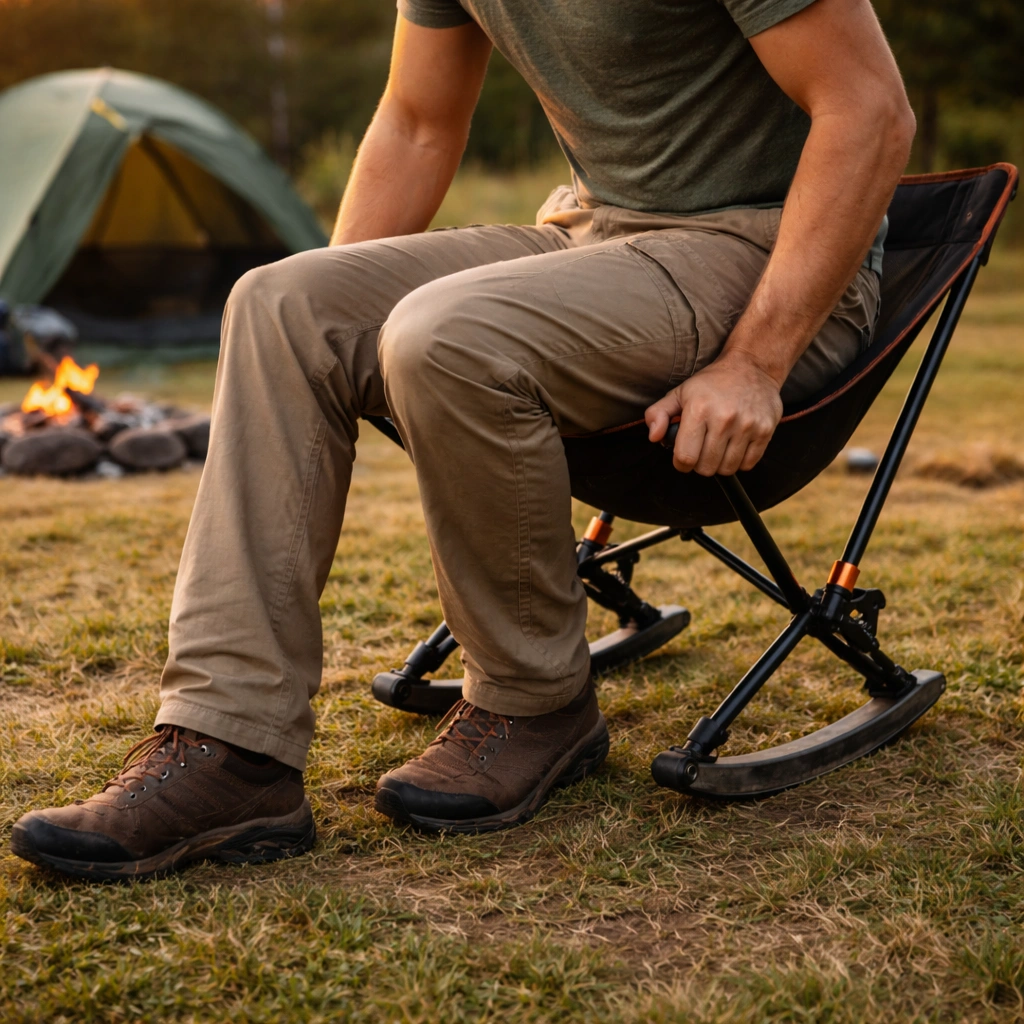 Person sitting down gently onto a camping chair with controlled descent at an outdoor campsite