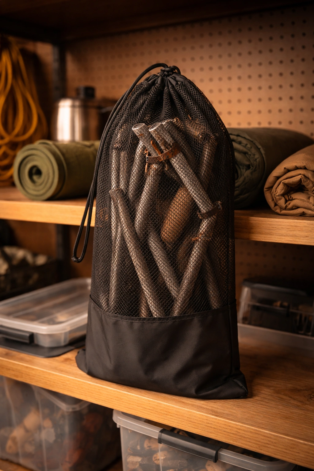 Camping chair stored in breathable mesh bag on a dry shelf