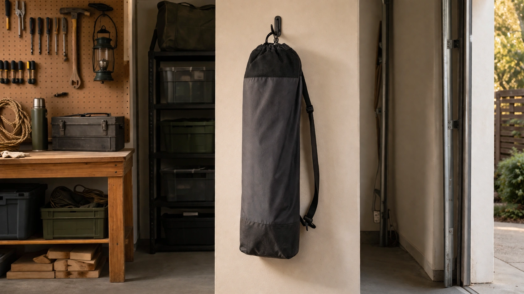 Camping chair properly stored in its carry bag hanging on a garage wall hook