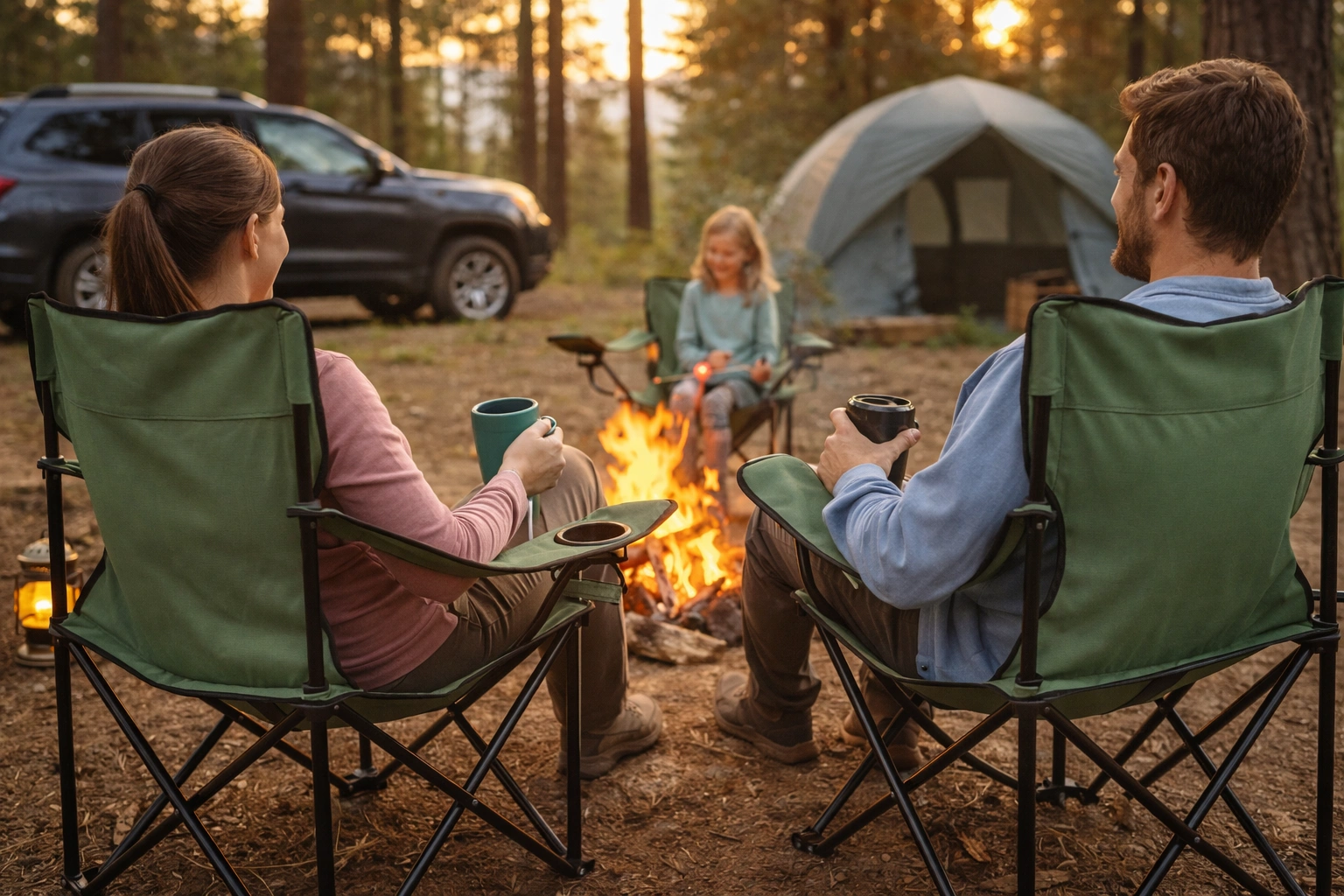 Family using PU camping chairs at car campsite enjoying comfort