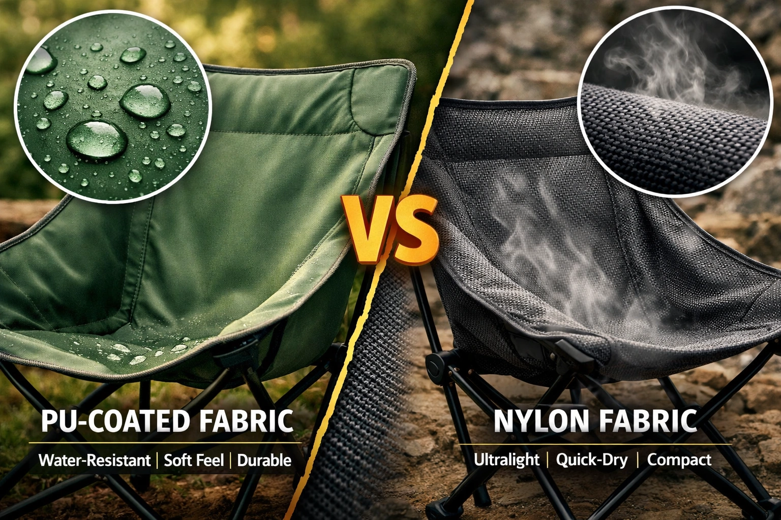Side by side comparison of PU coated fabric and nylon fabric showing texture and water resistance differences
