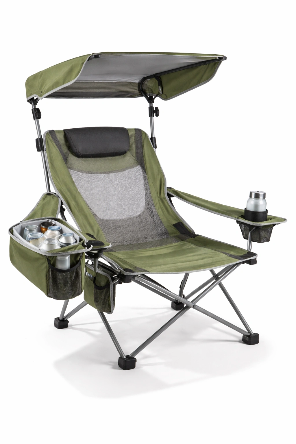 Quad chair with built-in cooler and canopy attachment