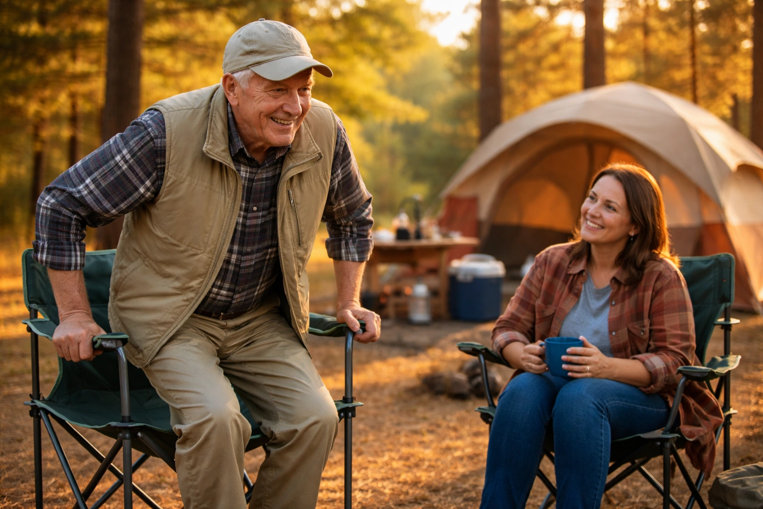 Family and senior using quad camping chairs for comfort and stability