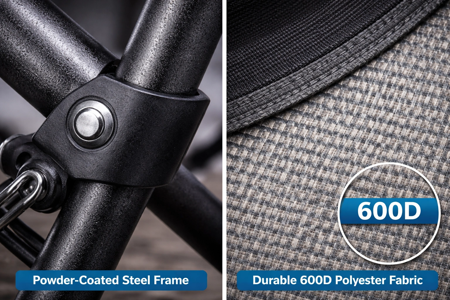 Close up of quad chair materials: steel frame and 600D polyester fabric