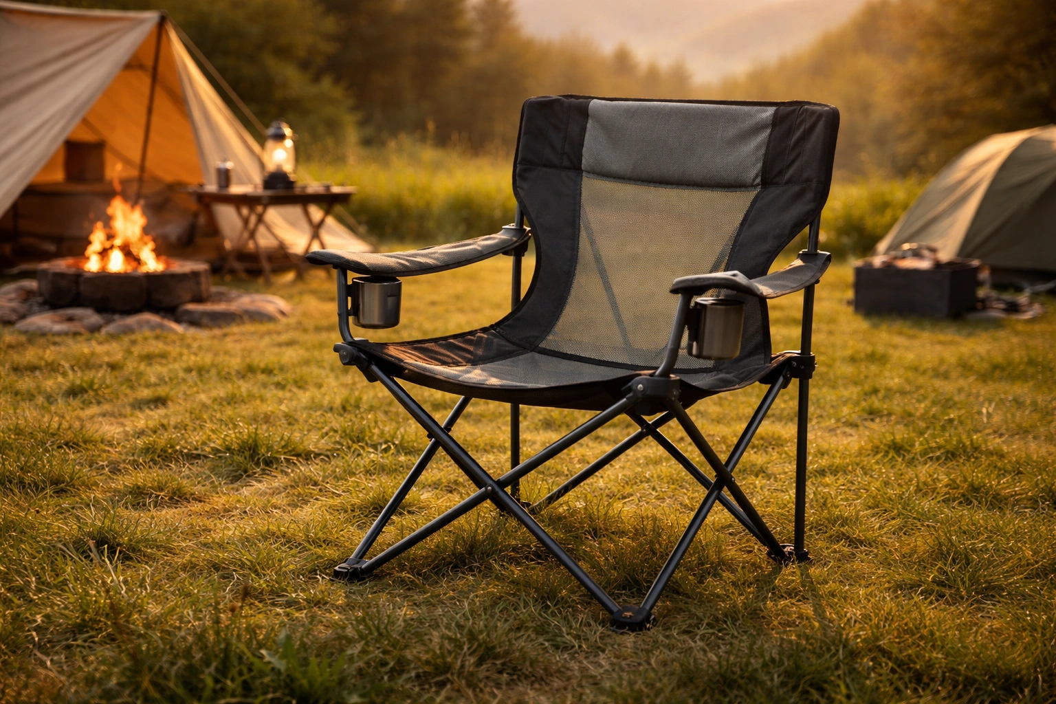 Four-legged quad camping chair with cup holder and mesh back