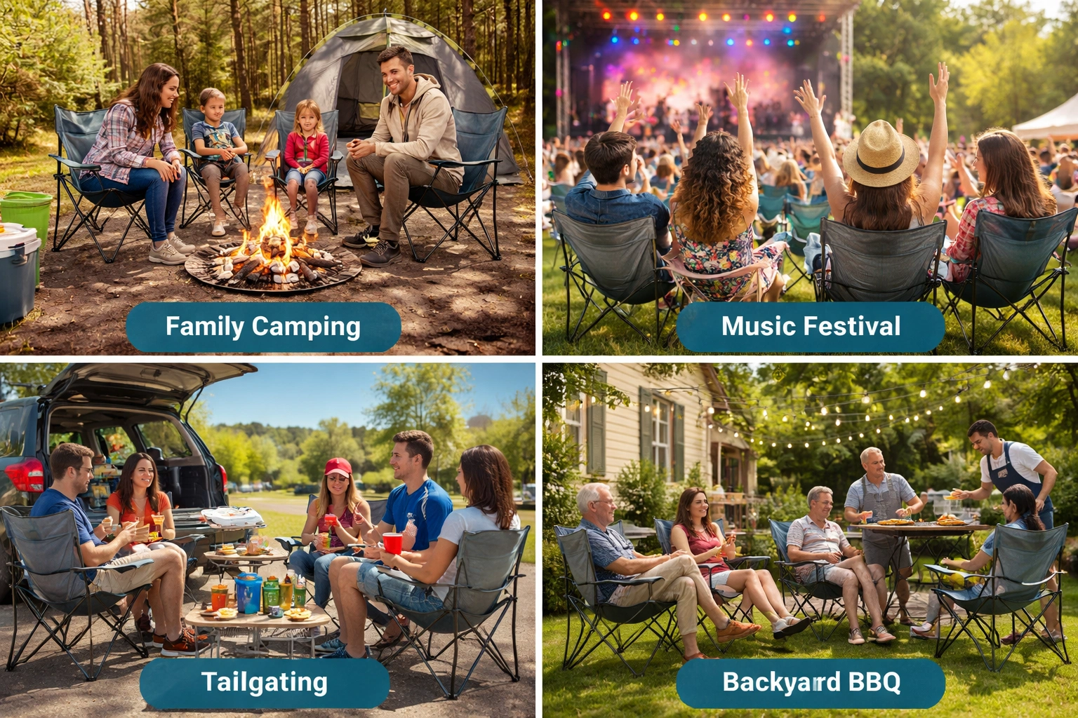 Quad camping chairs being used at campsite, festival, and tailgate