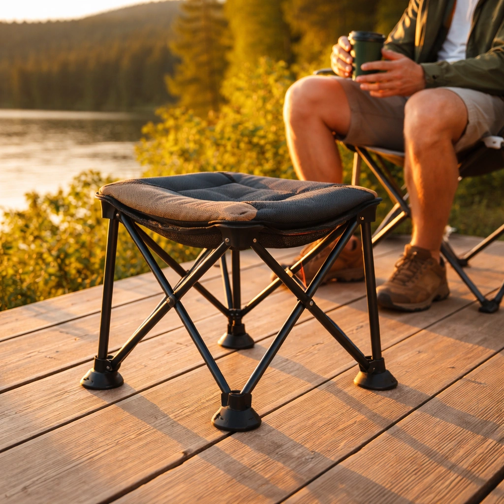 Four-legged camping stool with wide base