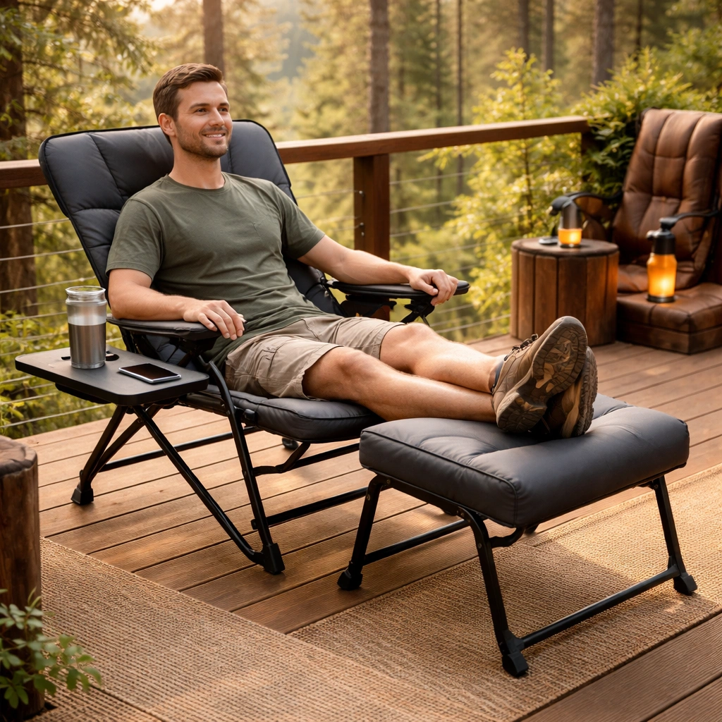 Camping recliner with detachable ottoman for leg support