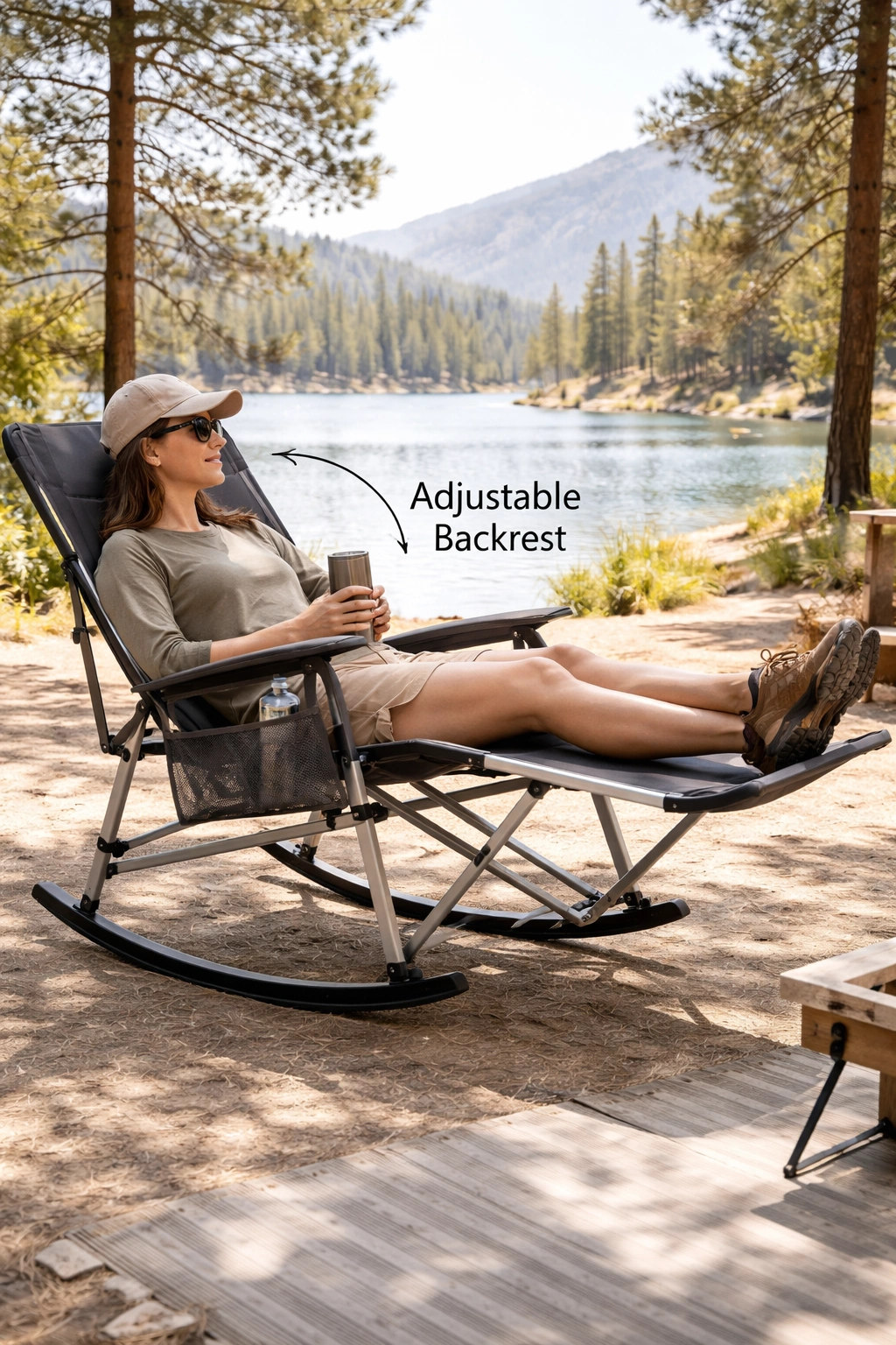 Reclining rocking camping chair in extended position