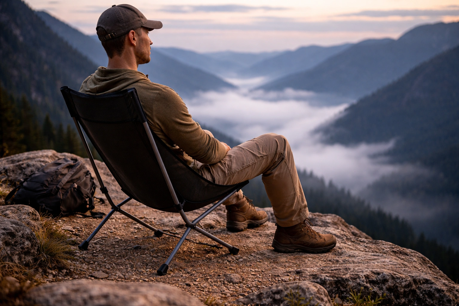 Sturdy green fabric camping chair with wider seat set up on grassy meadow near a tent with camp table and coffee mug