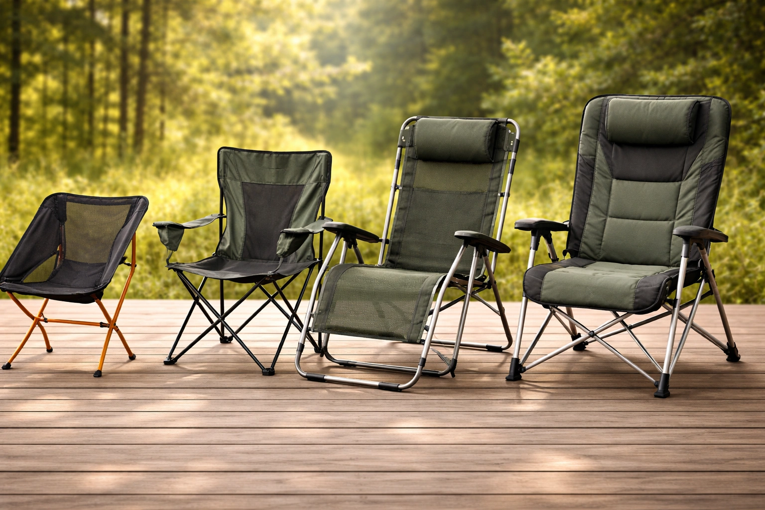 Four camping chairs arranged by size from ultralight to high-back, showing the progression of REI chair styles