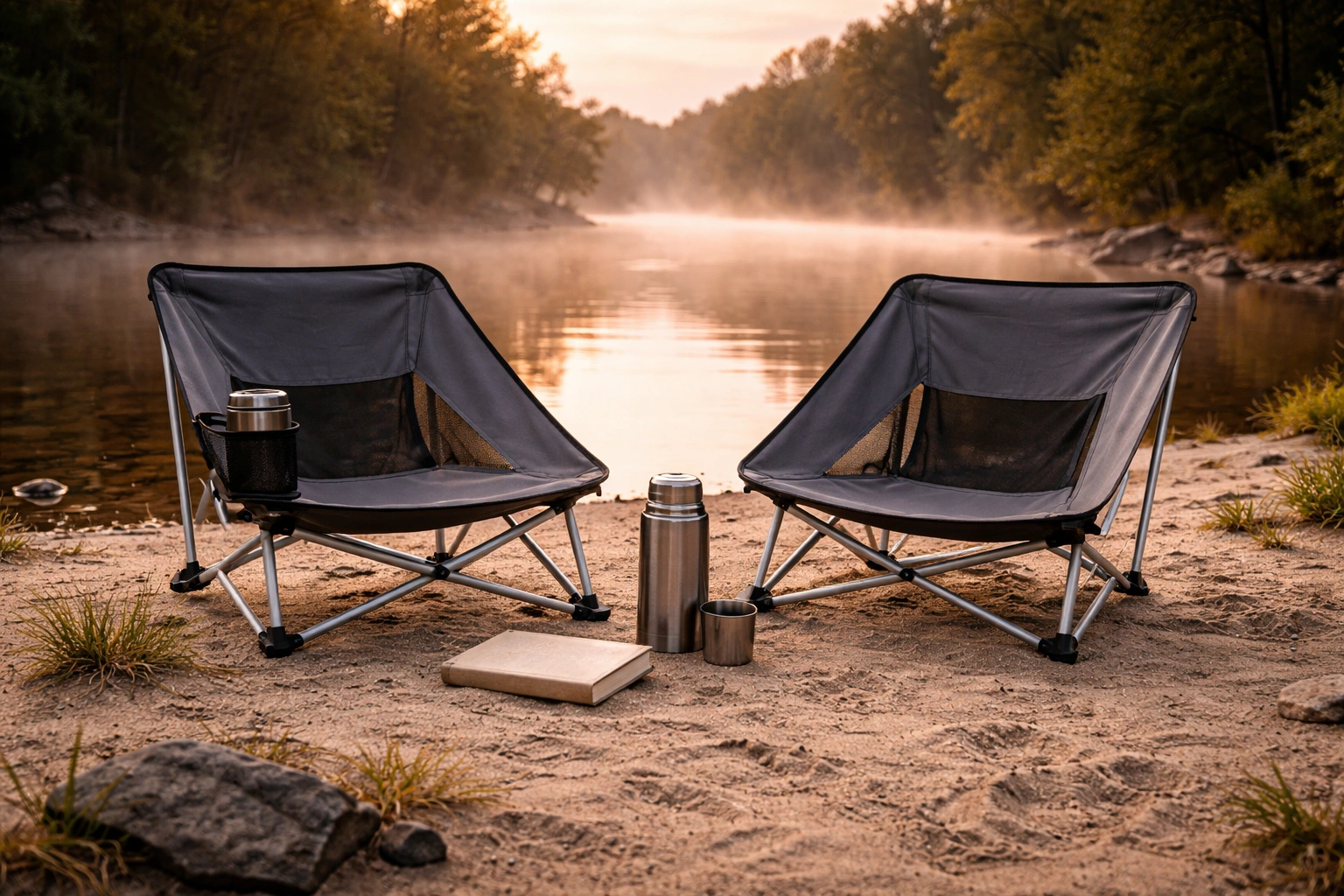 Two camping chairs side by side on sandy riverbank at sunrise with thermos and book between them, mist rising from river