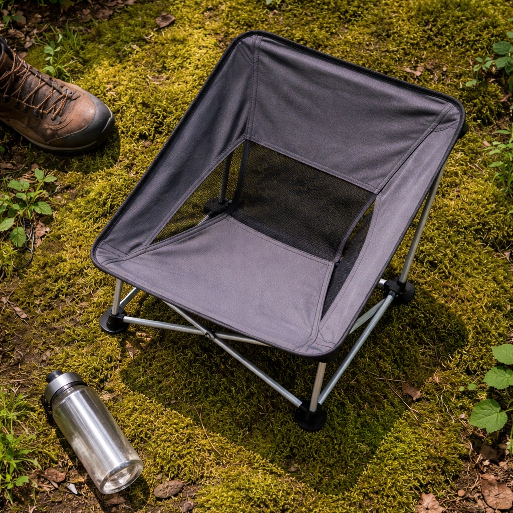 Top-down flat lay of ultralight mesh camping chair with aluminum poles on green moss beside hiking boot and water bottle