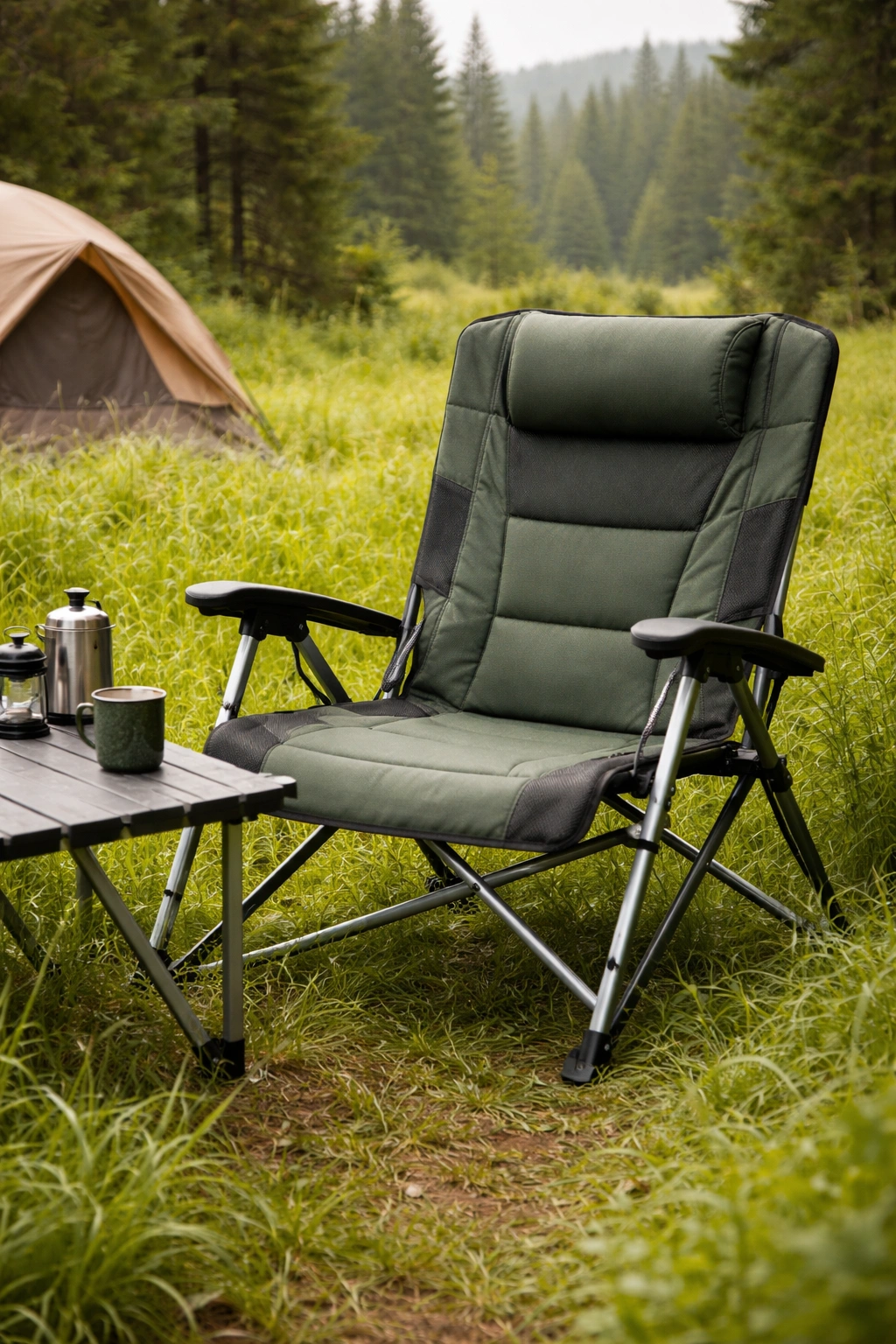 Person sitting in compact mesh camping chair on rocky mountain overlook at dusk with valley fog below