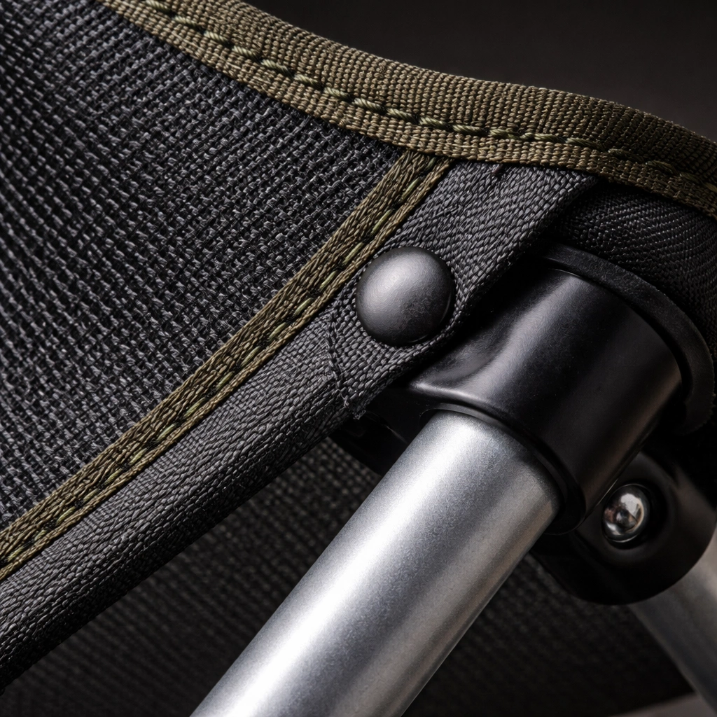 Macro close-up of durable polyester camping chair fabric stretched over aluminum pole joint showing woven thread pattern and reinforced stitching