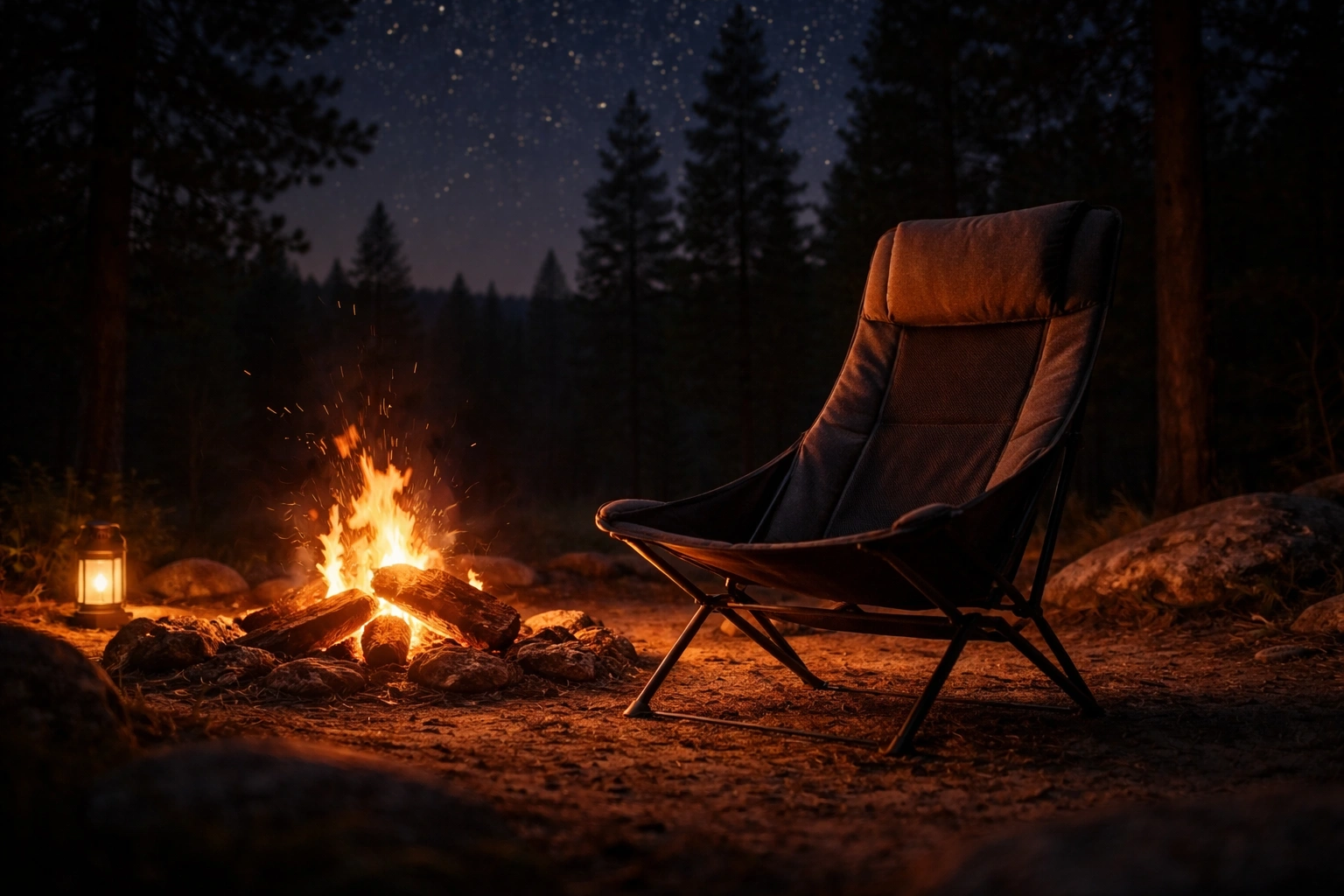 High-back padded camping chair with tall headrest facing a warm campfire at night with stars visible above pine trees
