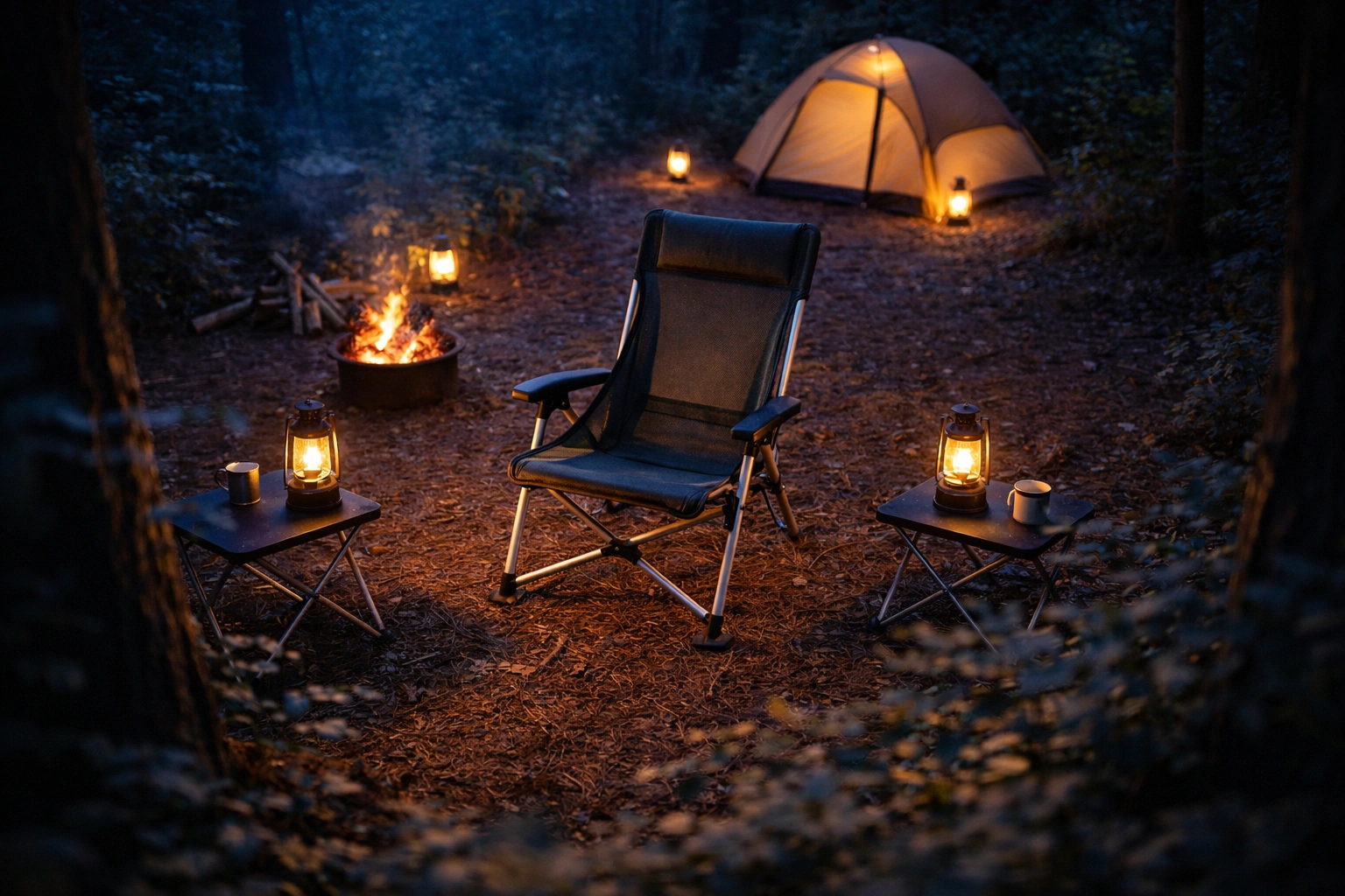 Elevated wide-angle view of beautiful campsite at blue hour with one prominent camping chair as focal point near glowing lantern light and tent