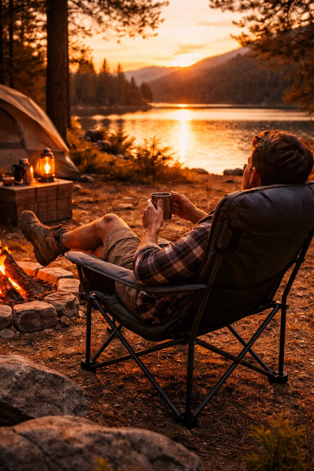 Person sitting comfortably in padded camping chair with armrests at campsite during golden hour sunset by lake