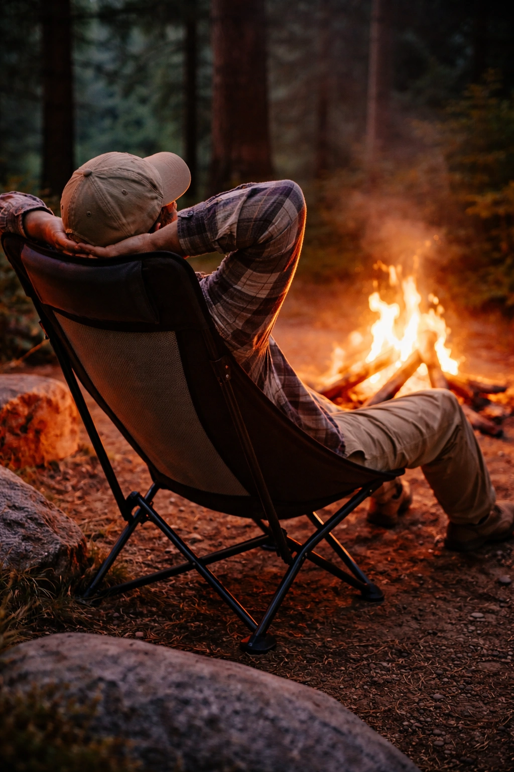 Person leaning back comfortably in high-back camping chair with headrest near campfire at dusk