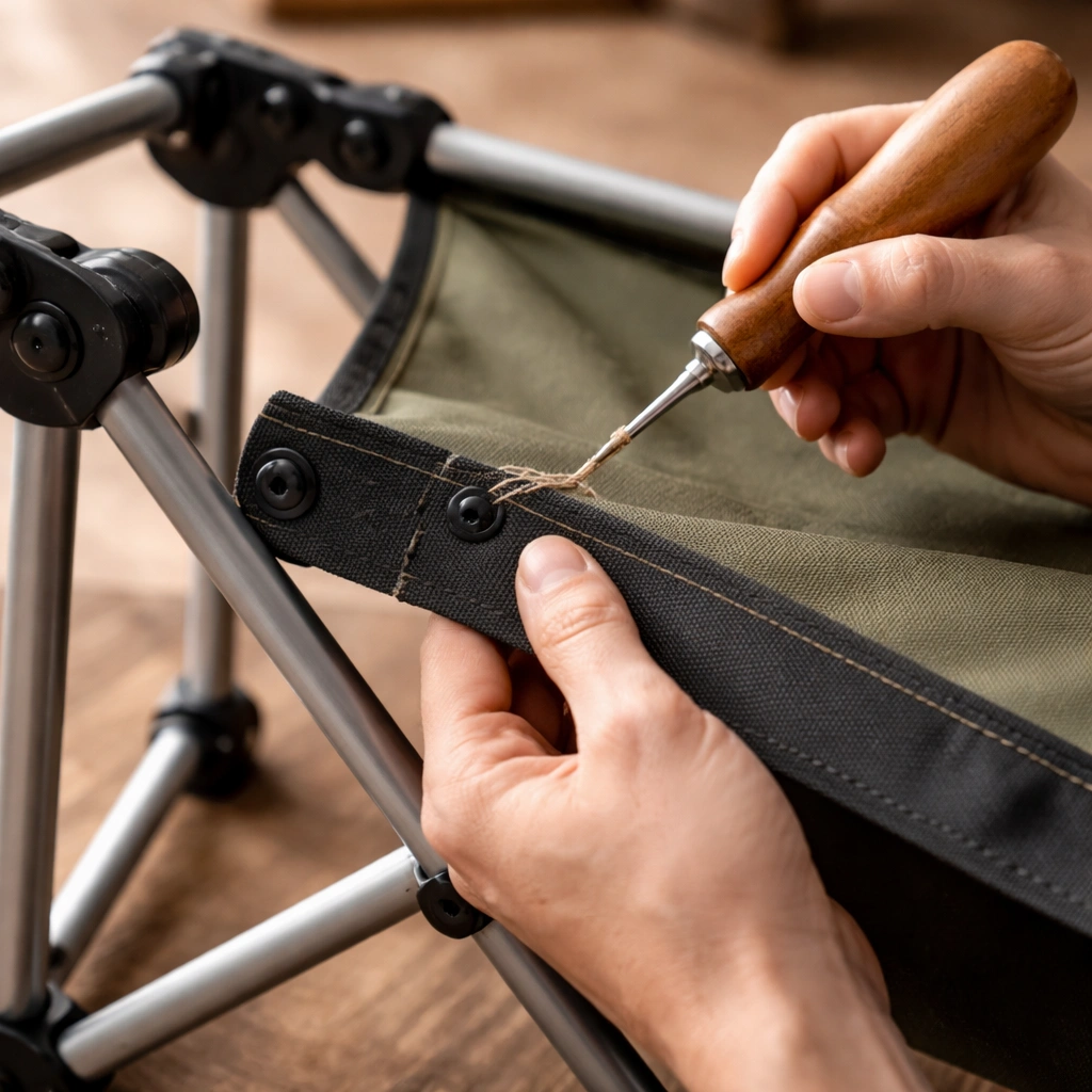 Hands using sewing awl to stitch new canvas fabric onto camping chair frame