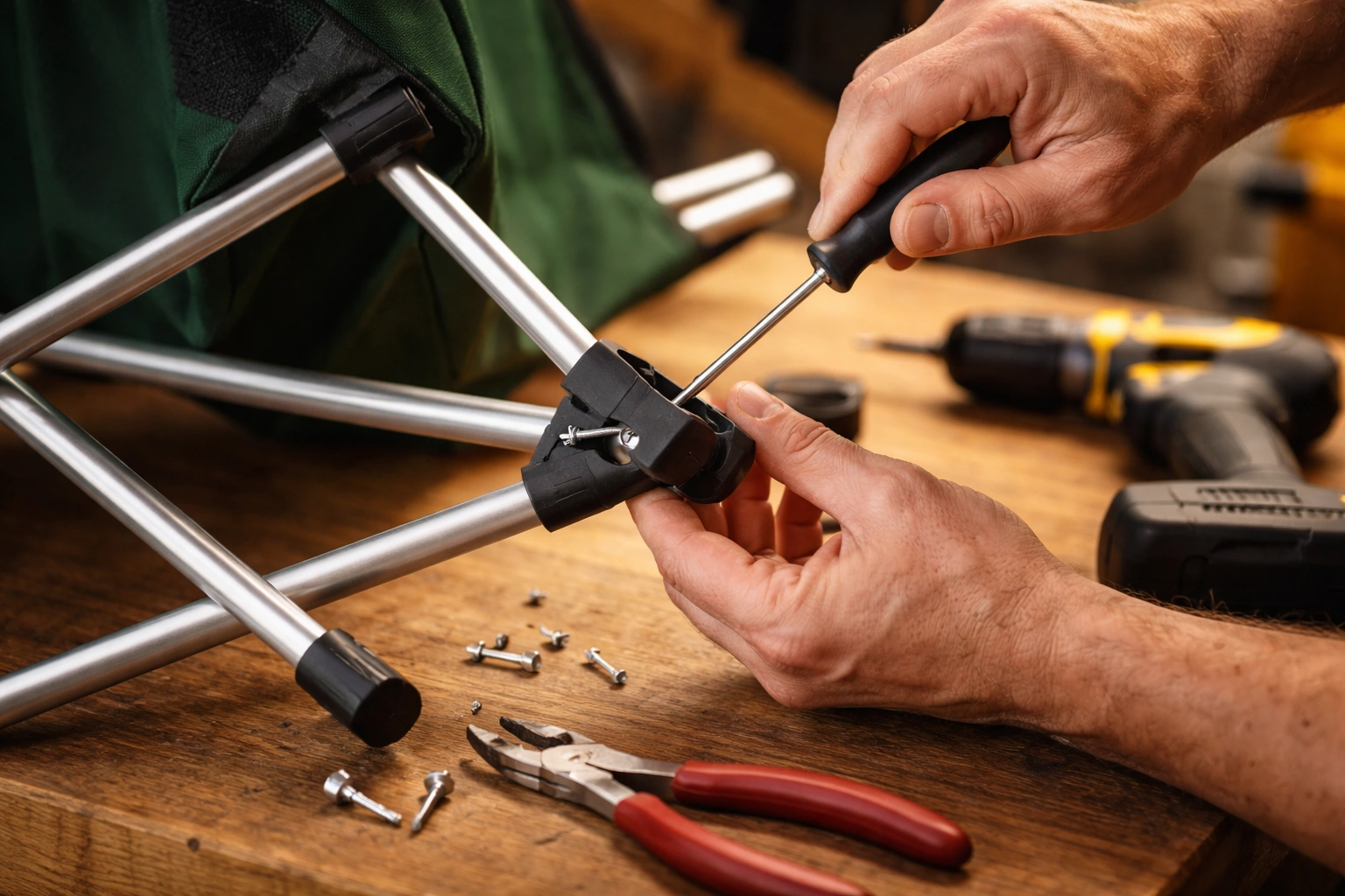 Workbench scene with camping chair frame being repaired using pliers and various tools