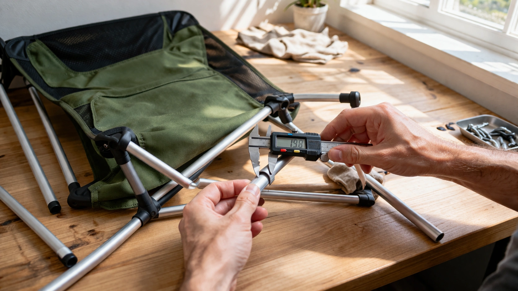 Person using digital caliper to measure camping chair frame tube diameter on workbench