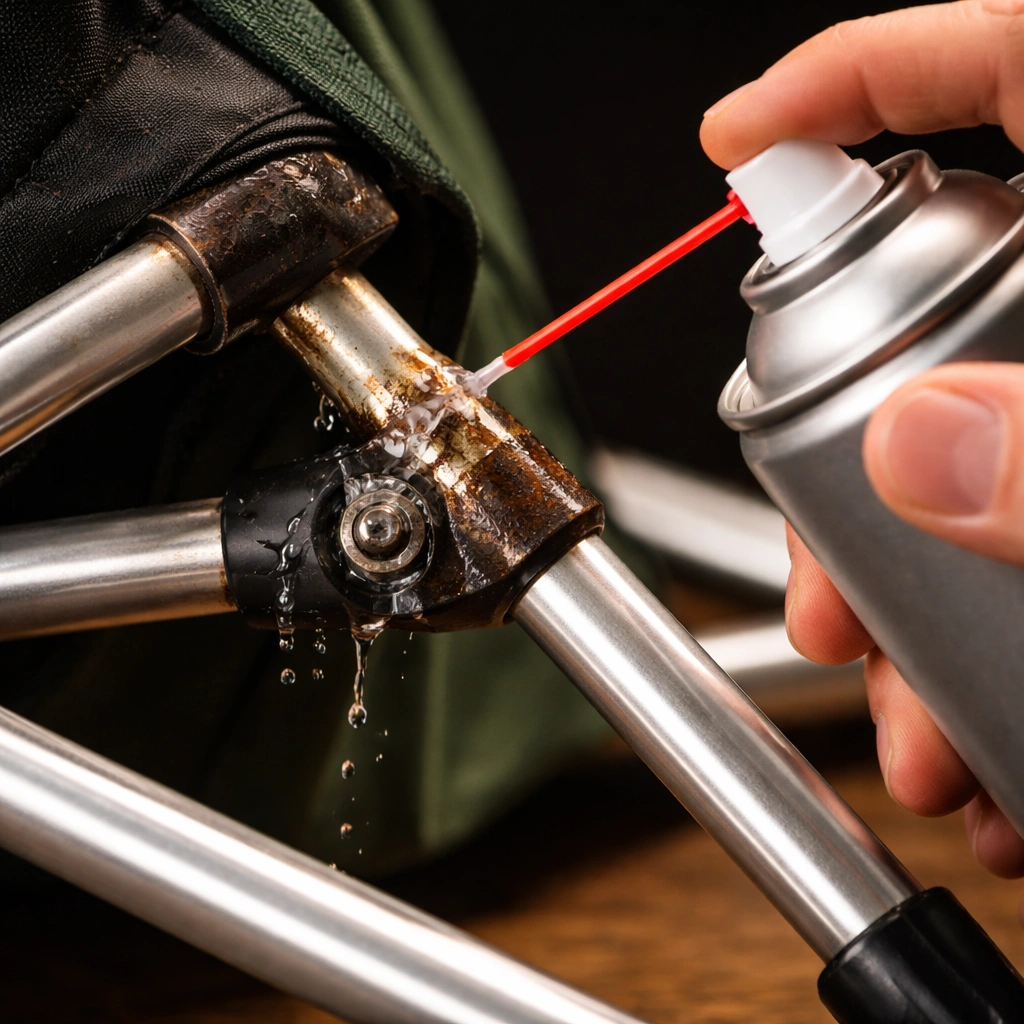 Silicone spray can nozzle applying lubricant to rusty folding hinge on camping chair