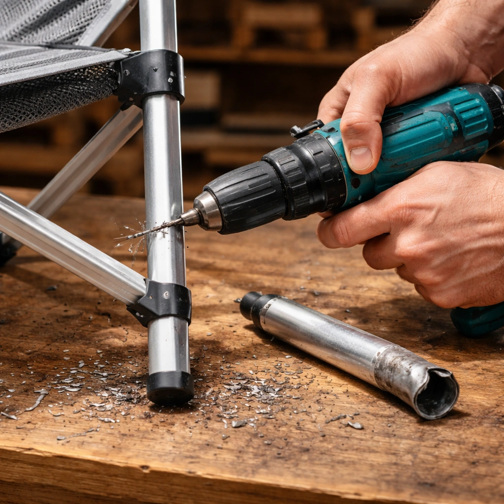 Hands using power drill to remove rivet from broken camping chair leg on workbench
