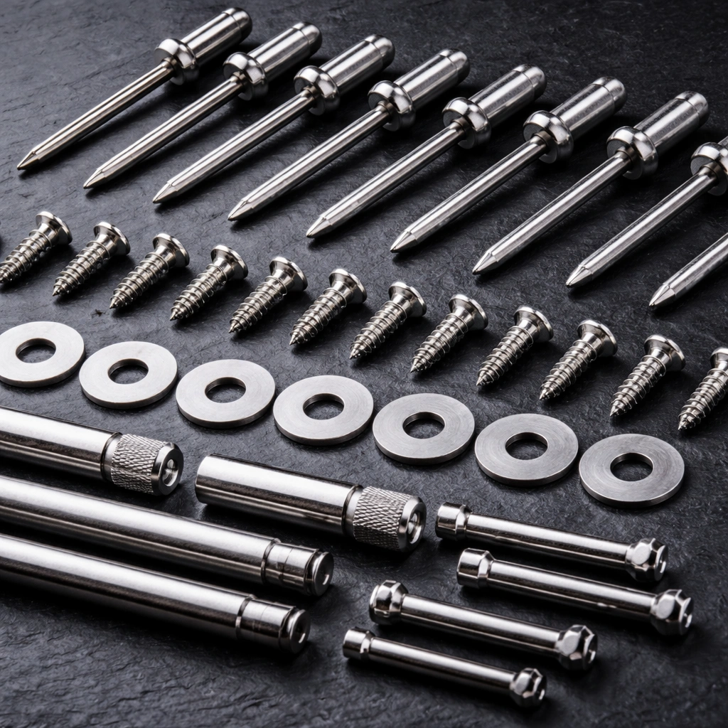 Stainless steel rivets screws washers and hinge pins arranged on dark surface