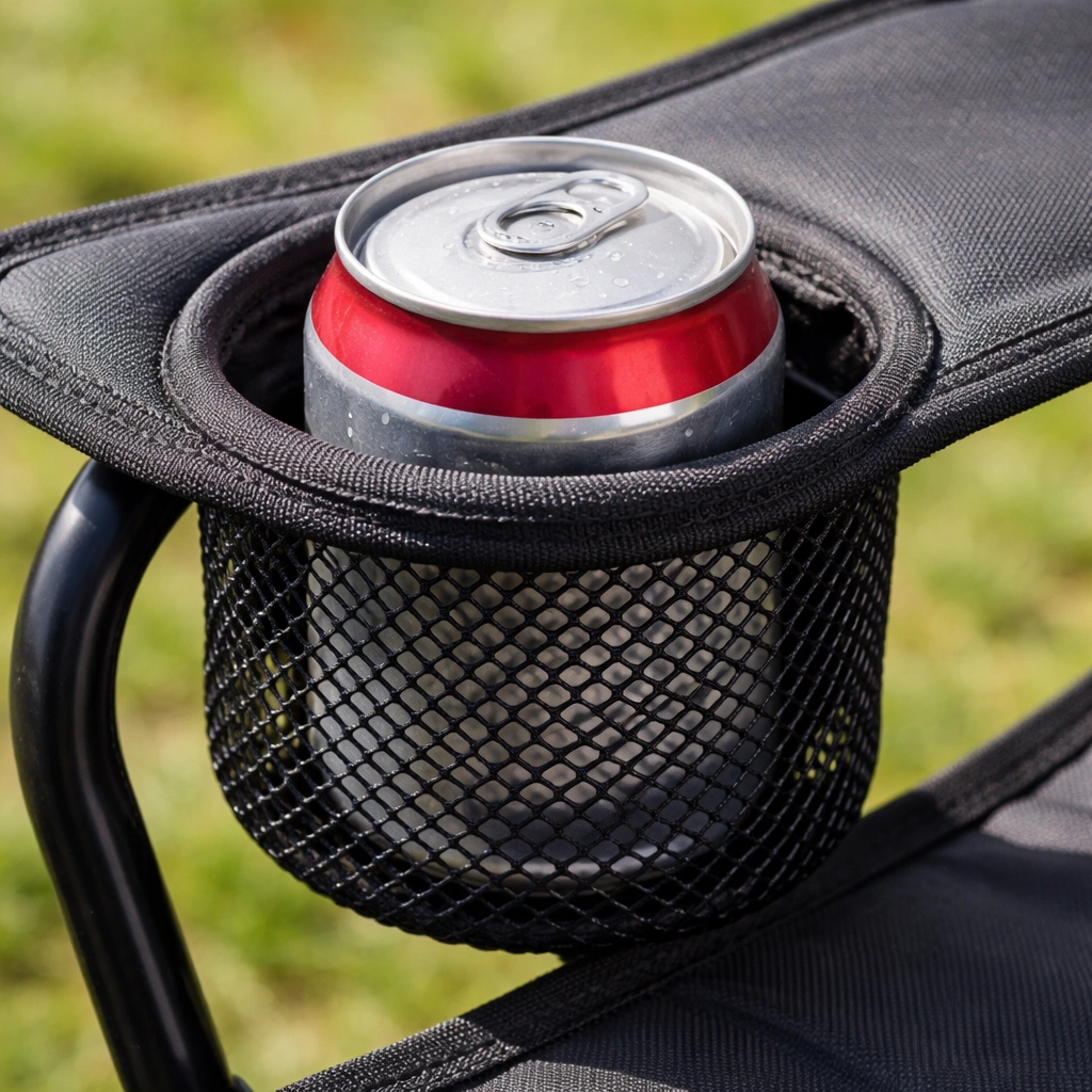 Rigid plastic cup holder on camping chair