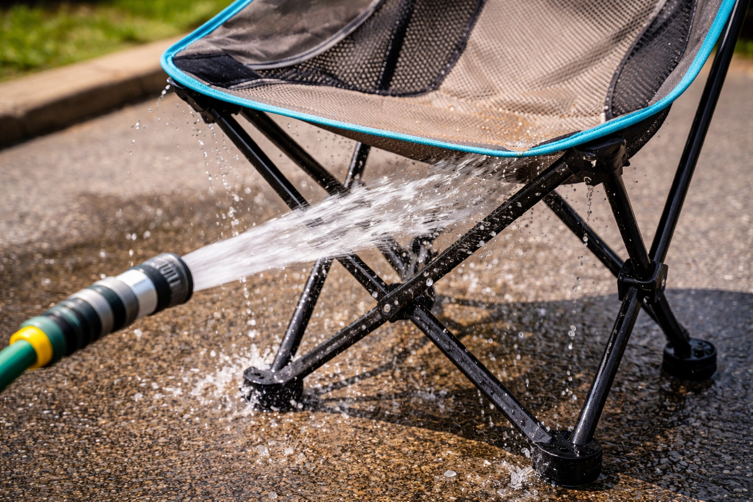 Rinsing camping chair with garden hose after beach use to remove salt and sand