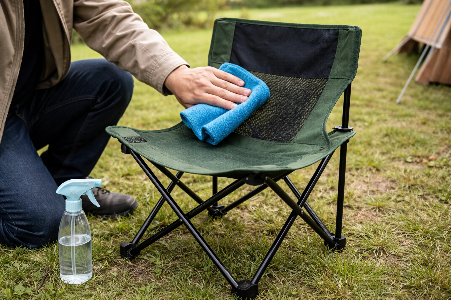 Camping chair set up on grassy campsite being wiped down with a damp microfiber cloth with spray bottle nearby on bright overcast day